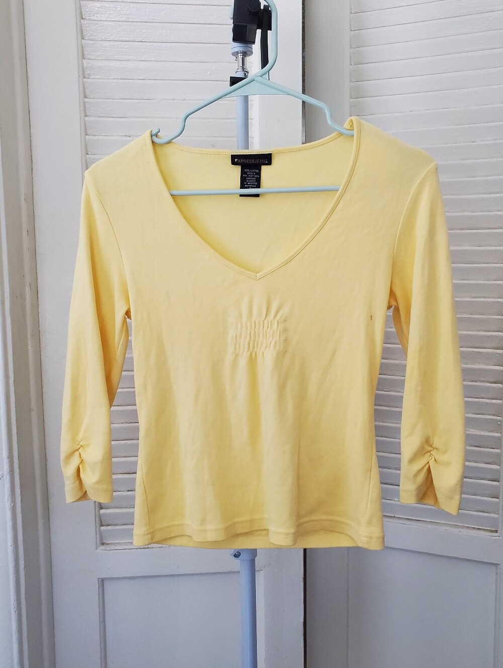 Express Jeans Yellow Deep V Neck Quarter Sleeve Ruched Cotton Blouse Y2K Size S